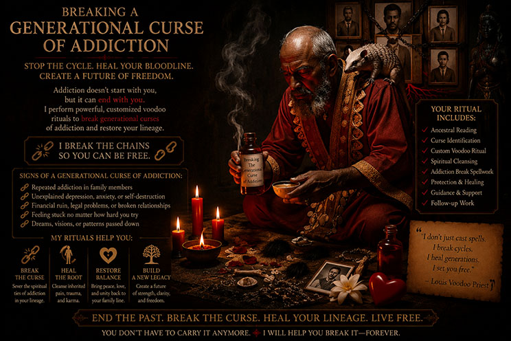 Louis Voodoo Priest performing addiction recovery ritual with white candles and cleansing herbs